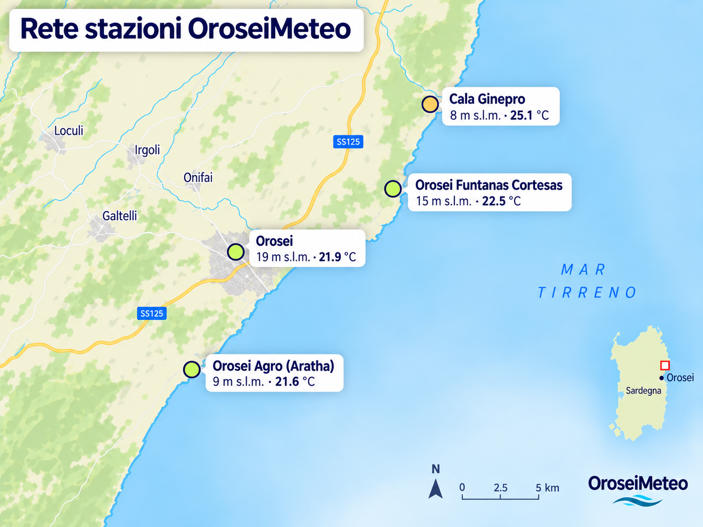 Mappa della rete OroseiMeteo con le stazioni Orosei Centro, Agro di Aratha, Orosei Funtanas Cortesas e Calaginepro